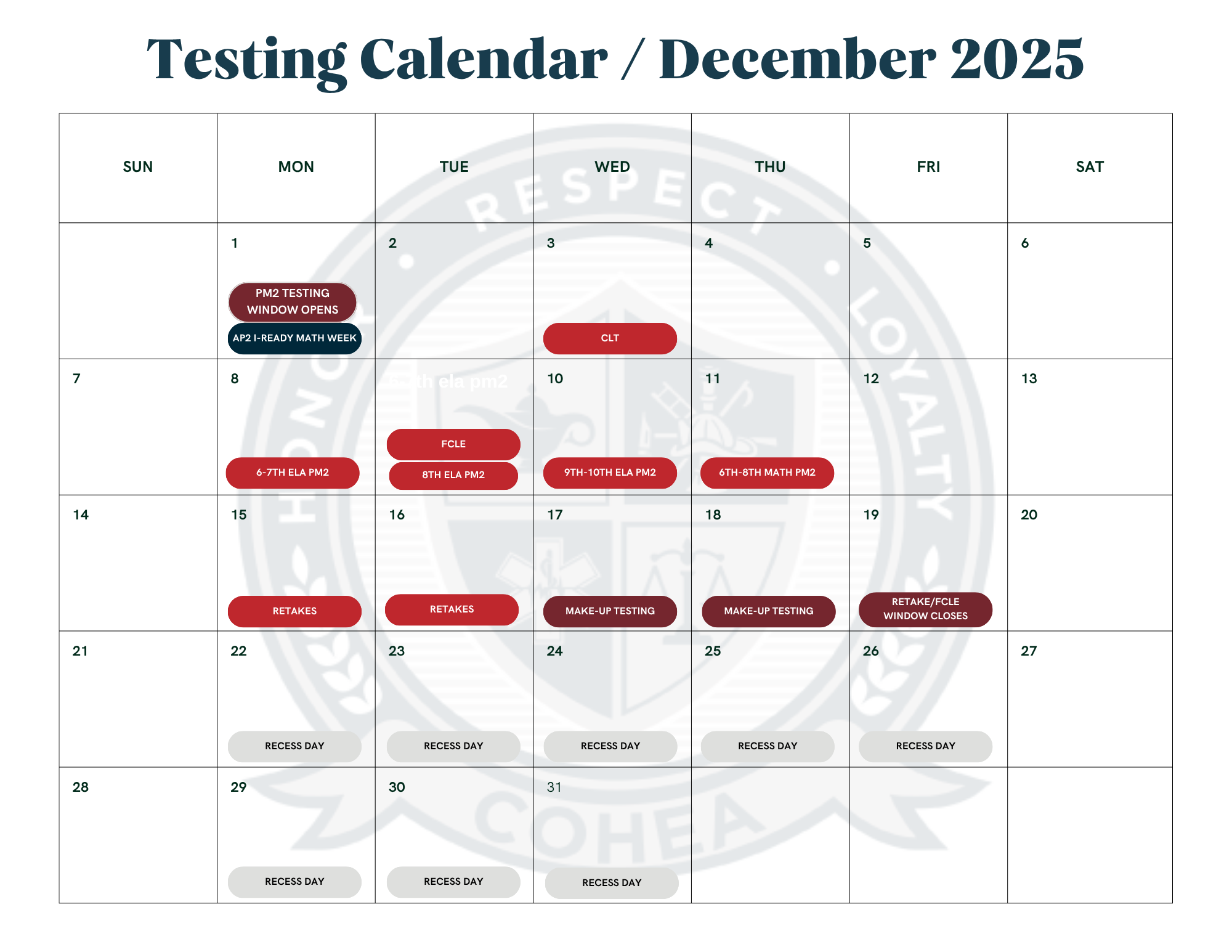 December Testing Calendar